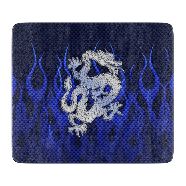 Planche À Découper Dragon Bleu dans Chrome Carbon course flammes (Devant)