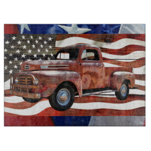 Planche À Découper Drapeau Américain Camion Rouge Vintage