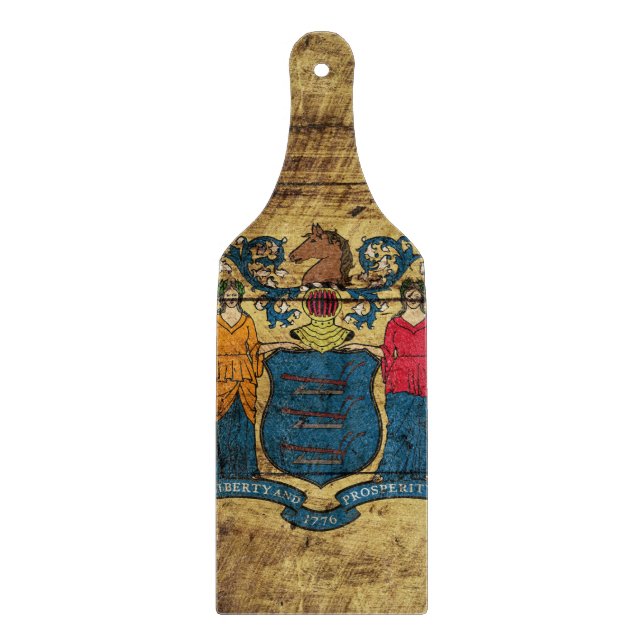 Planche À Découper Drapeau d'état de New Jersey sur le vieux grain en (Devant)