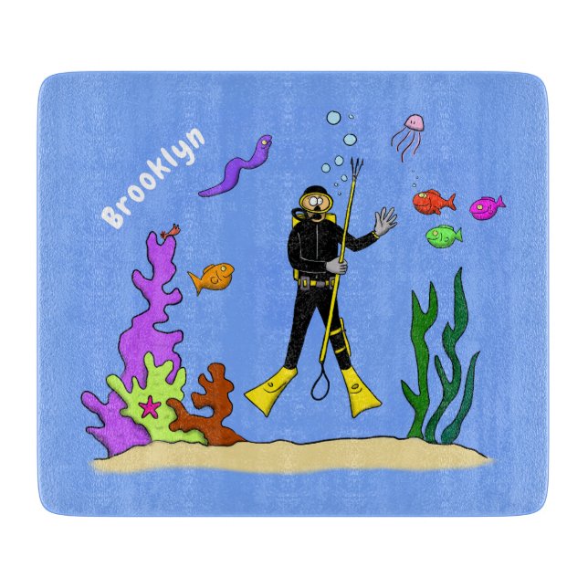 Planche À Découper Drôle plongeur et poisson mer créatures dessin ani (Devant)