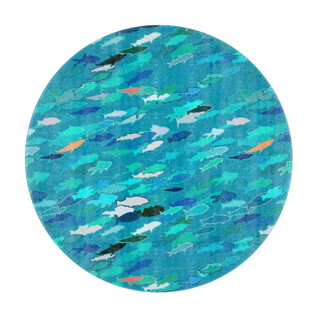 Planche À Découper École de Poissons, Turquoise, Bleu et Aqua (Devant)
