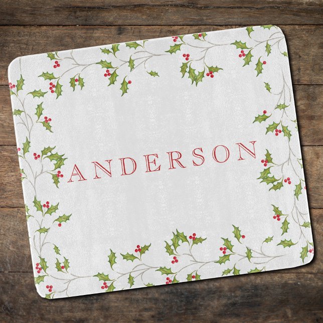 Planche à découper éditable Holiday Holly (Christmas red holly and greenery cutting board. )