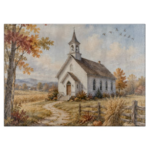 Planche À Découper Église de campagne automnale, paysage à l'aquarell