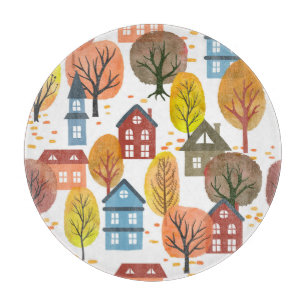Planche À Découper Elégance d'automne : Aquarelle Ville et arbres