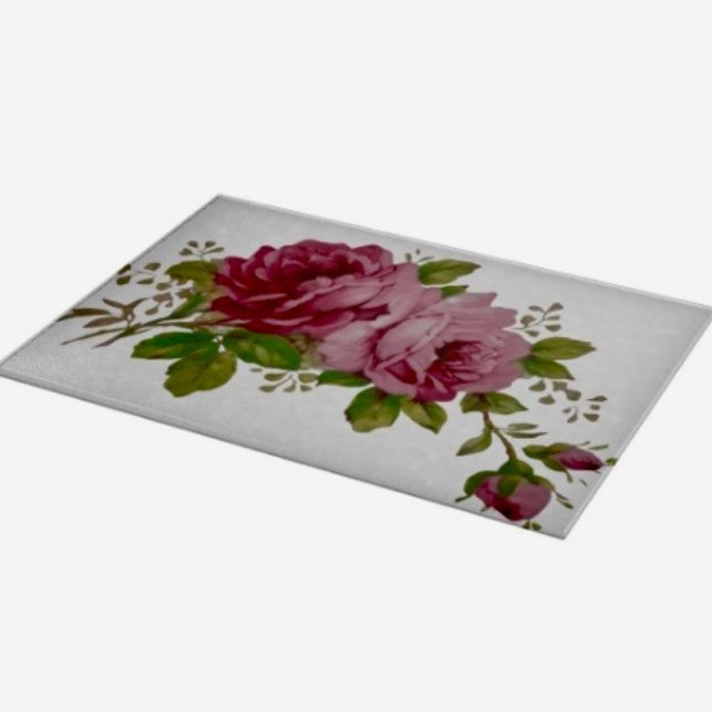 Planche À Découper Élégance Rose Vintage  (Glass Cutting Board – 5 different sizes. 100% food safe.  tempered glass Non-skid rubber feet. )