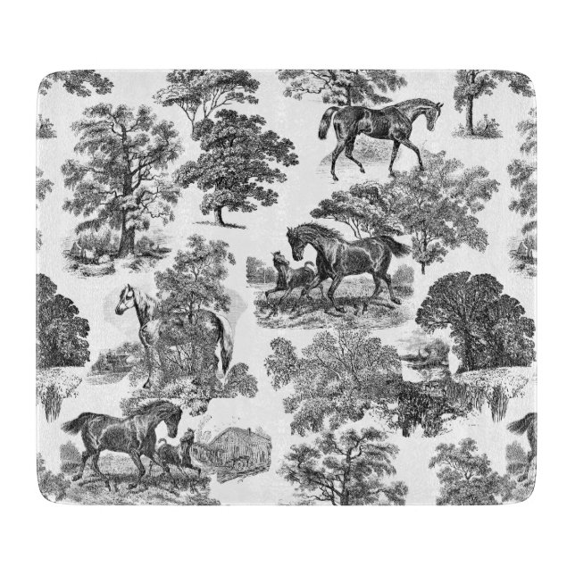 Planche À Découper Elégant Black White Rustic Horses Toile (Devant)