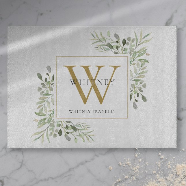 Planche À Découper Élégant feuillage de verdure Monogramme doré (Gold Monogram Elegant Greenery Foliage Cutting Board)