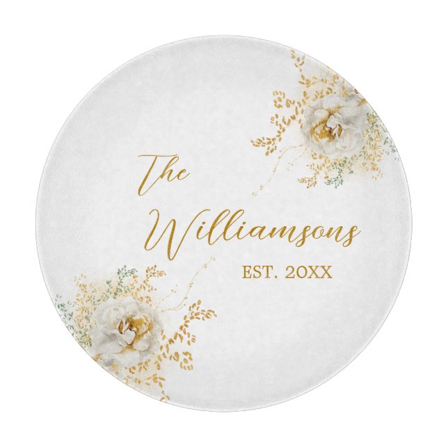 Planche À Découper Élégant Gold Script Floral Personnalisé Année Créé (Devant)