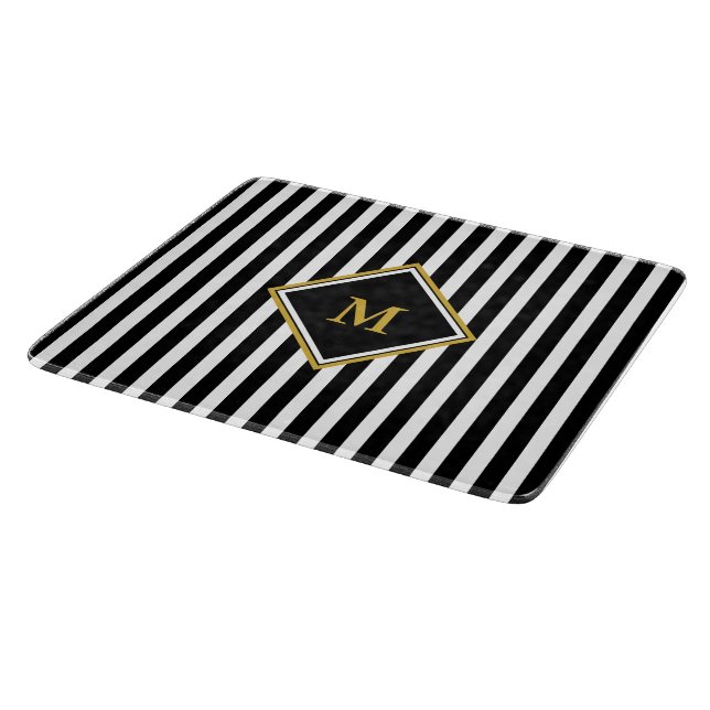 Planche À Découper Élégant Monogramme avec bandes noires et blanches (Coin)