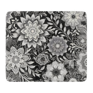 Planche À Découper Élégant Motif de dentelle florale noir et blanc