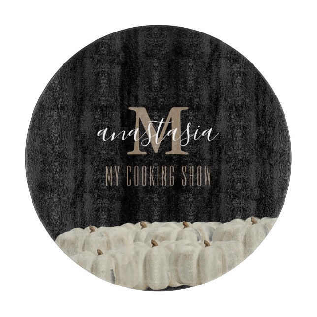 Planche À Découper Élégant noir blanc Citrouille Monogramme rond (Devant)