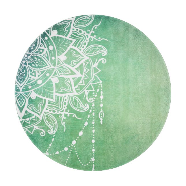 Planche À Découper Elégant Ornate Zen Mandala Rosette Tons verts (Devant)