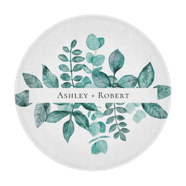 Planche À Découper Elégante verdure Turquoise Aquarelle Mariage moder (Devant)