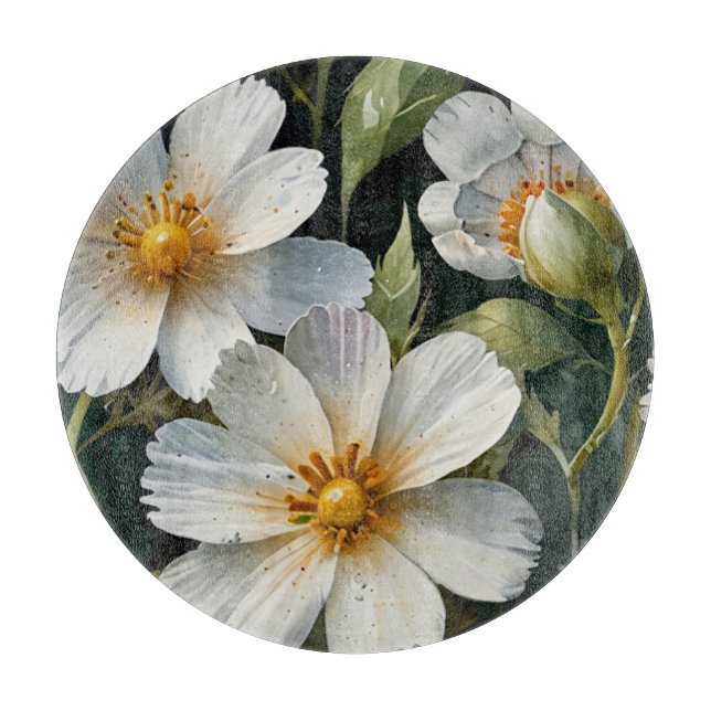 Planche À Découper Élégantes Fleurs Blanches Adorables Aquarelle Chic (Devant)