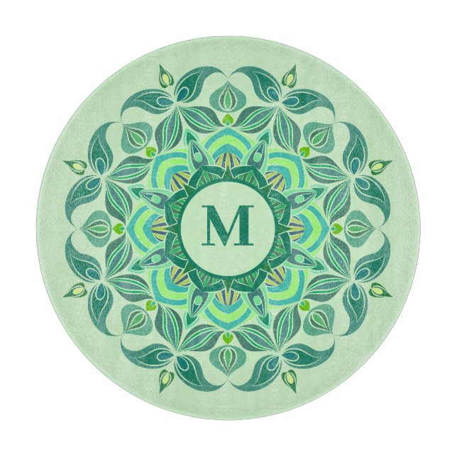 Planche À Découper Élégantes teintes de vert Mandala Flourish Monogra (Devant)