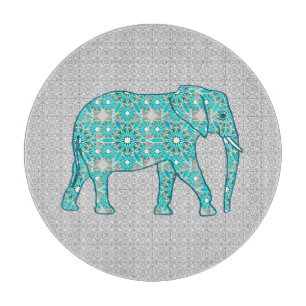 Planche À Découper Eléphant fleur Mandala - turquoise, gris & blanc