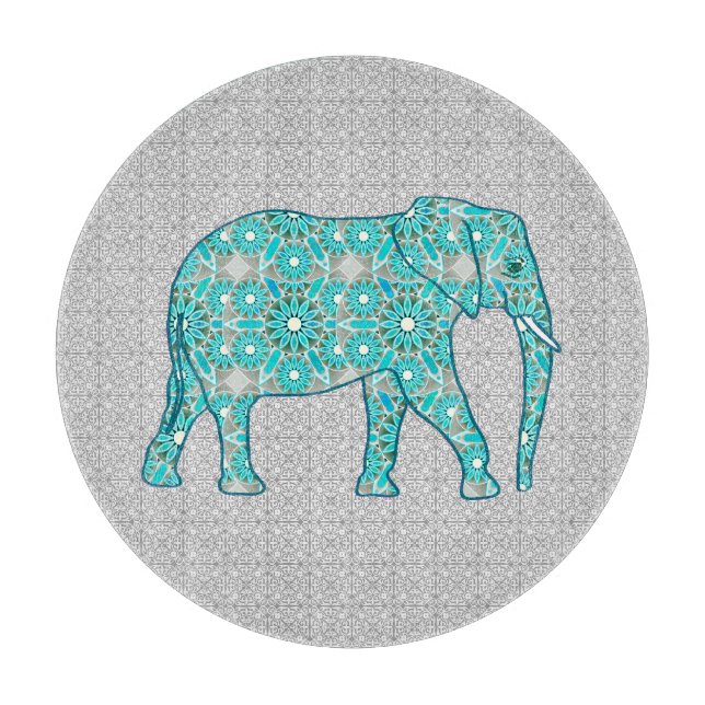 Planche À Découper Eléphant fleur Mandala - turquoise, gris & blanc (Devant)