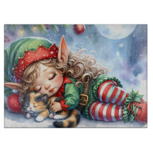 Planche À Découper Elfe de Noël couché avec Calico Kitten