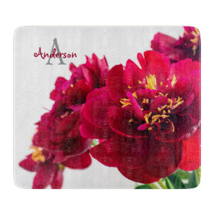 Planche à découper en verre aux pivoines rouges