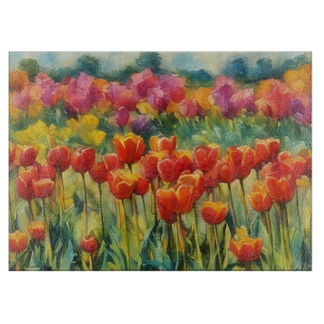 Planche à découper en verre d'art aux tulipes (Devant)