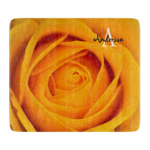 Planche à découper en verre fleur de rose jaune