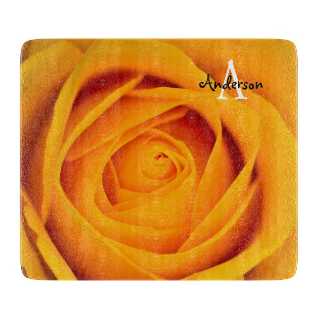 Planche à découper en verre fleur de rose jaune (Devant)