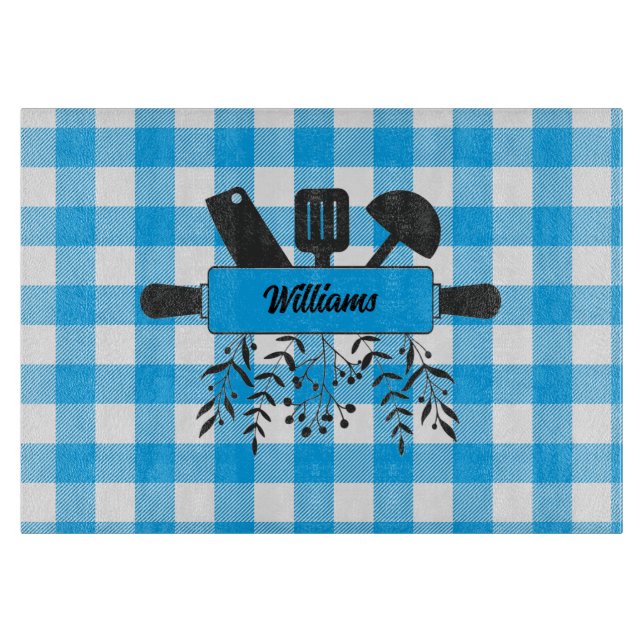 Planche à découper en verre Gourmet Gingham Bleu (Devant)