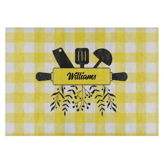 Planche à découper en verre Gourmet Gingham jaune (Devant)