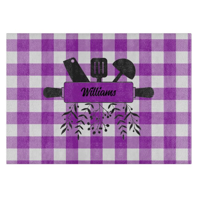Planche à découper en verre Gourmet Gingham Violet (Devant)