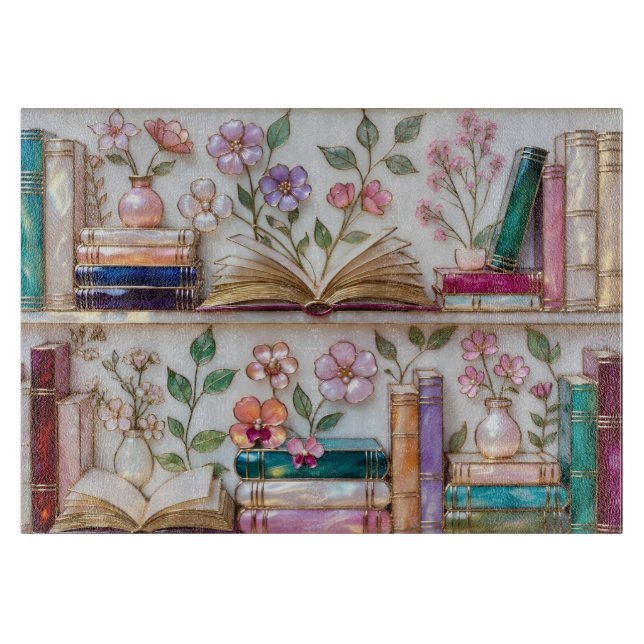 Planche à découper en verre motif étagère à livres (Devant)
