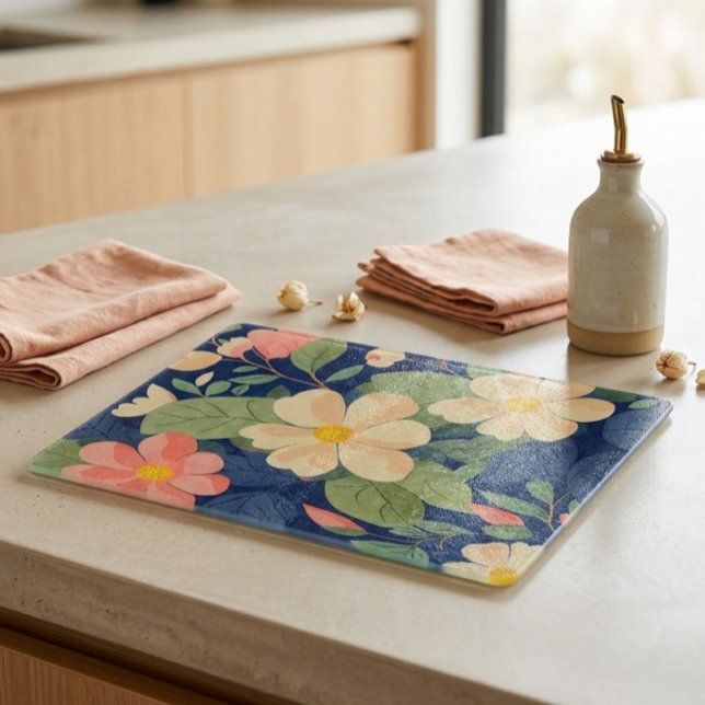 Planche à découper en verre Navy Floral Botanique  (Créateur téléchargé)
