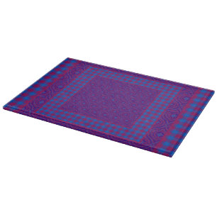 Planche à découper en verre violet et bleu, chèque