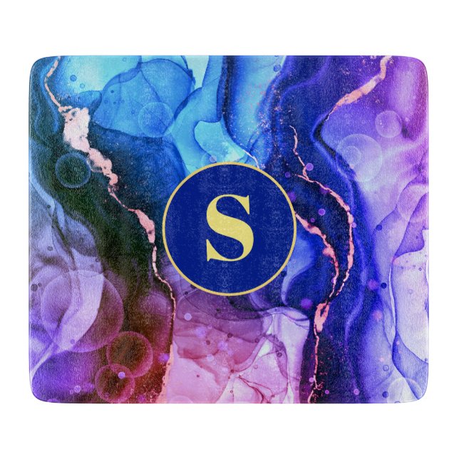 Planche À Découper Encre Liquide Bleue, Violette Et Rouge, Monogramme (Devant)