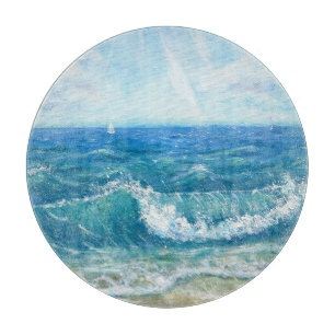 Planche À Découper Eté, vagues bleues, peinture acrylique.
