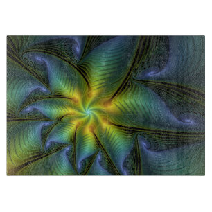 Planche À Découper Etoile Abstraite, Bleu brillant Vert Or Fractal Ar