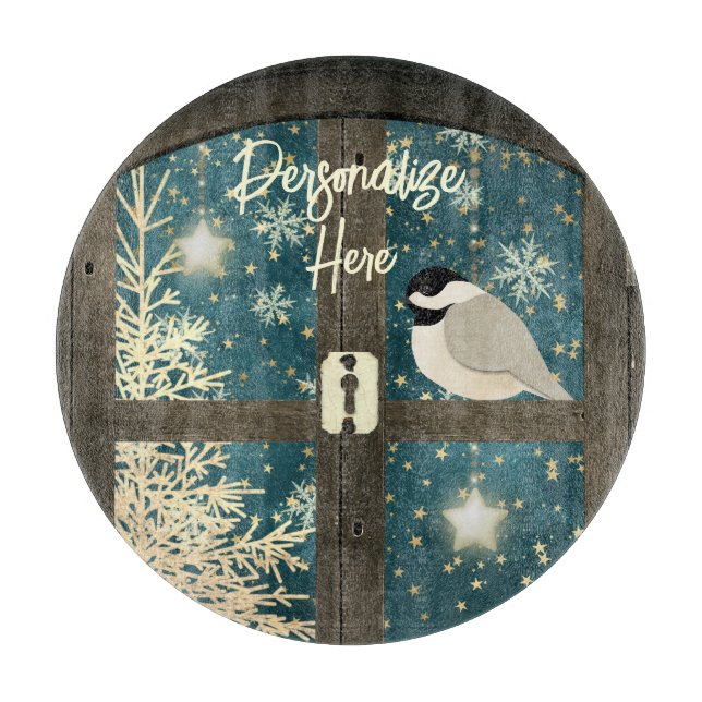 Planche À Découper Étoiles de fenêtre rustiques cabine hiver, flocons (Devant)