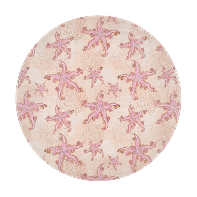 Planche À Découper Étoiles de mer et motif pastel rose corail (Devant)