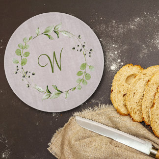 Planche À Découper Éucalyptus vert et feuille Monogramme de la couron