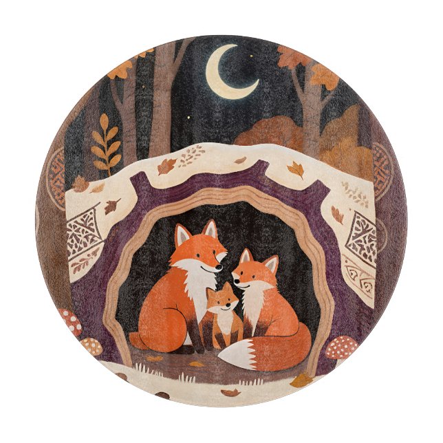 Planche À Découper Famille de renards dans une tanière forestière aut (Devant)