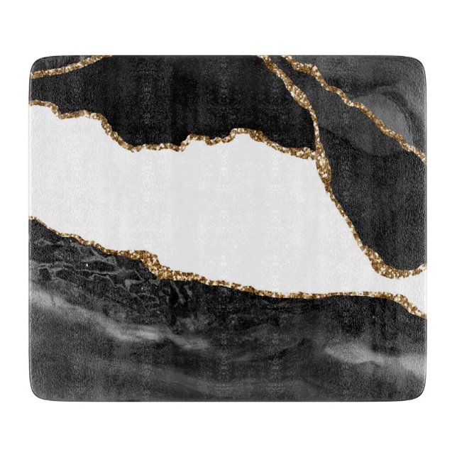 Planche À Découper Fausse Agate Marbrée Pierre Noire Luxueuse Or (Devant)