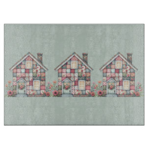 Planche À Découper Fausse Maison Florale de Cottagecore en Patchwork