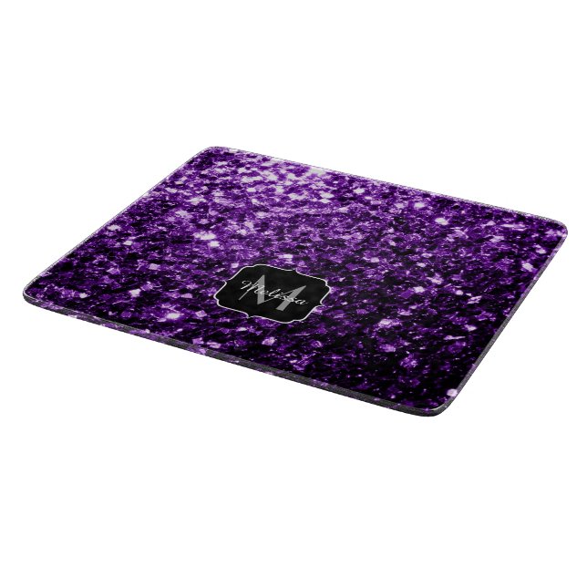 Planche À Découper Faux paillettes brillantes violet foncé Monogramme (Coin)