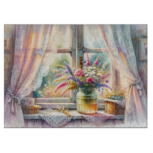 Planche À Découper Fenêtre de cottage ensoleillée avec fleurs sauvage