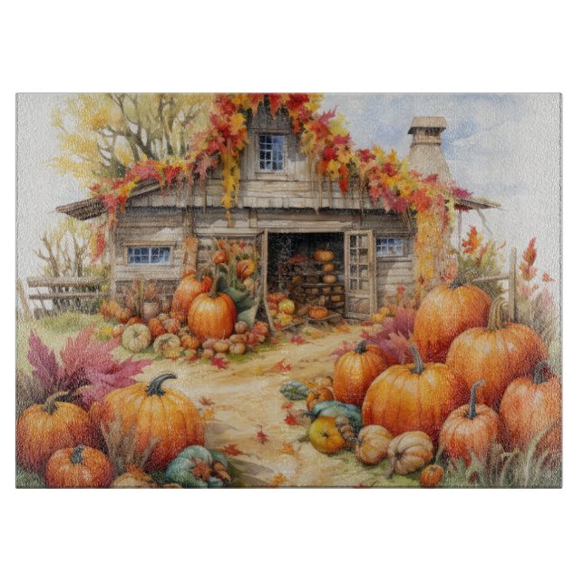 PLANCHE À DÉCOUPER FERME RUSTIQUE D'AUTOMNE AVEC CITROUILLES D'AUTOMN (Devant)