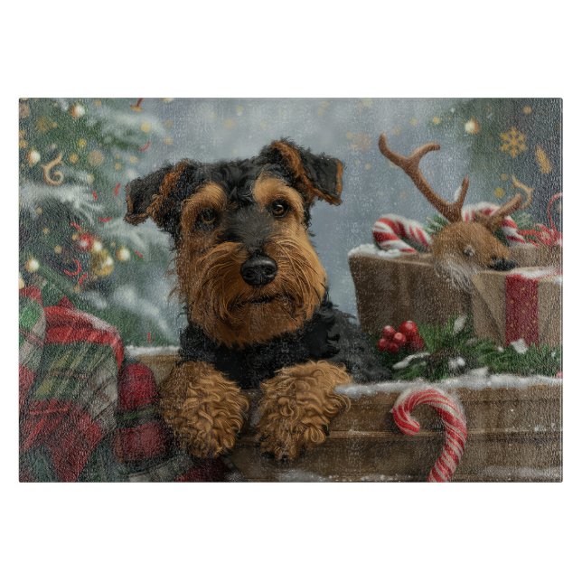 Planche À Découper Festive de Noël de Chien Airedale (Devant)
