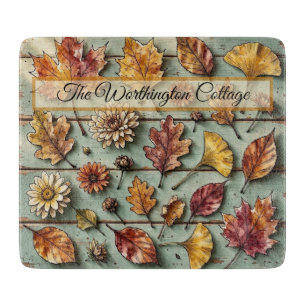 Planche À Découper Feuilles d'automne à l'aquarelle et bois rustique
