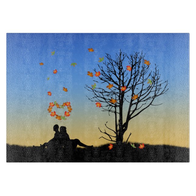 Planche À Découper Feuilles d'automne en forme de coeur Couple (Devant)