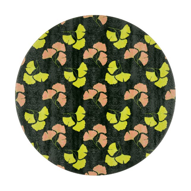 Planche À Découper Feuilles de Ginko Pastel-Néon sur Fond Noir (Devant)