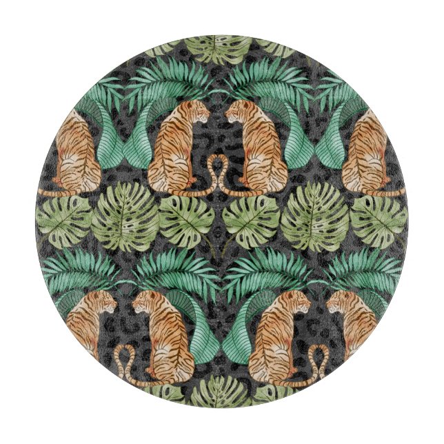 Planche À Découper Feuilles de tigres : Aquarelle Jungle sans joint. (Devant)