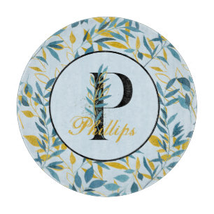 Planche À Découper Feuilles Modernes Navy Monogramme Or "Lettre P"